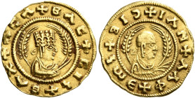 Noe, 5th century. Chrysos (Gold, 17 mm, 1.58 g, 12 h). ✠BAX✠ACA✠BAC✠CIϞ Draped half-length bust of Noe to right, wearing tiara and circular earring, h...