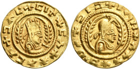 Noe, 5th century. Chrysos (Gold, 14 mm, 1.59 g, 12 h). ✠CΛX✠ΛCΛ✠ƆΛC✠CIN Draped half-length bust of Noe to right, wearing tiara and circular earring, h...