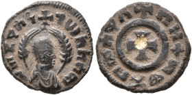 Mhdys, circa 450s-460s. AE (Gilt Bronze, 14 mm, 1.12 g, 11 h). መሐደየሰነገሠአከሰመ ('mhdysngsʼksm' = 'Mhdys (Matthias?), king of Axum' in Ge'ez) Draped bust ...