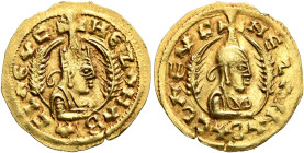 Nezana/Nezool, circa 480s-500. Chrysos (Gold, 19 mm, 1.65 g, 12 h). HЄZAHΛ BACCΛЄYC Draped half-length bust of Nezana/Nezool to right, wearing tiara a...