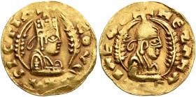 Nezana/Nezool, circa 480s-500. Chrysos (Gold, 17 mm, 1.64 g, 12 h). [Θ]ЄΟΥ Є-ΥΧΑΡΙCΤΙΛ Draped half-length bust of Nezana/Nezool to right, wearing tiar...