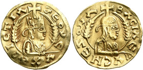 Nezana/Nezool, circa 480s-500. Chrysos (Electrum, 17 mm, 1.60 g, 12 h). ΘЄΟΥ Є-ΥΧAΡΙCΤΙΛ Draped half-length bust of Nezana/Nezool to right, wearing ti...