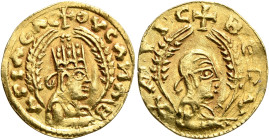 Ousanas II, early 6th century. Chrysos (Gold, 18 mm, 1.58 g, 12 h). ✠ΟΥCΛϞA - B-ΛCIΛЄΛC Draped half-length bust of Ousanas II to right, wearing tiara ...
