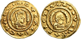Ousanas II, early 6th century. Chrysos (Gold, 18 mm, 1.61 g, 12 h). ✠OYCAC BACIΛЄΥC Draped half-length bust of Ousanas II to right, wearing tiara and ...