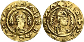 Kaleb, circa 510-530s. Chrysos (Gold, 18 mm, 1.52 g, 12 h). ✠XAHᗺ ᗺACIΛCVↃ✠ Draped half-length bust of Kaleb to right, wearing tiara and circular earr...