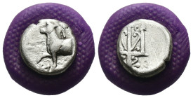 Thrace. Byzantion. (387-340 BC) AR Hemidrachm. Obv: Forepart of bull left over dolphin; monogram in left country, ΠΑ above. Rev: trident. Weight 1.83 ...