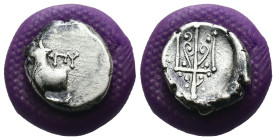 Thrace. Byzantion. (387-340 BC) AR Hemidrachm. Obv: Forepart of bull left over dolphin; monogram in left country, ΠΑ above. Rev: trident. Weight 1.93 ...