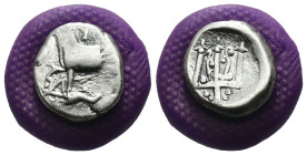 Thrace. Byzantion. (387-340 BC) AR Hemidrachm. Obv: Forepart of bull left over dolphin; monogram in left country, ΠΑ above. Rev: trident. Weight 1.83 ...