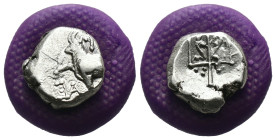 Thrace. Byzantion. (387-340 BC) AR Hemidrachm. Obv: Forepart of bull left over dolphin; monogram in left country, ΠΑ above. Rev: trident. Weight 1.79 ...