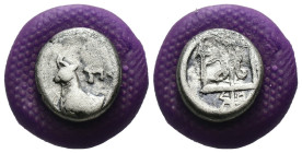 Thrace. Byzantion. (387-340 BC) AR Hemidrachm. Obv: Forepart of bull left over dolphin; monogram in left country, ΠΑ above. Rev: trident. Weight 1.77 ...