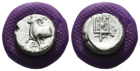 Thrace. Byzantion. (387-340 BC) AR Hemidrachm. Obv: Forepart of bull left over dolphin; monogram in left country, ΠΑ above. Rev: trident. Weight 1.62 ...