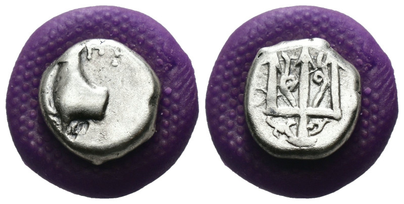 Thrace. Byzantion. (387-340 BC) AR Hemidrachm. Obv: Forepart of bull left over d...