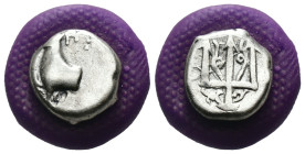 Thrace. Byzantion. (387-340 BC) AR Hemidrachm. Obv: Forepart of bull left over dolphin; monogram in left country, ΠΑ above. Rev: trident. Weight 2.00 ...
