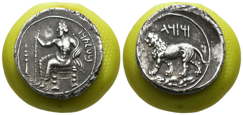 Babylon. (331-328 BC) AR Tetradrachm. Obv: BLTRZ. Baaltars seated left. Rev: MZD...