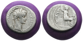 Tiberius. (36-37 AD) AR Denar. Lugdunum. Obv: TI CAESAR DIVI AVG F AVGVSTVS. laureate bust of Tiberius right. Rev: PONTIF MAXIM. Livia seated to right...