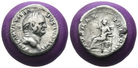 Vespasian. (75 AD) AR Denar. Rome. Obv: IMP CAESAR VESPASIANVS AVG. laureate bust of Vespasian right. Rev: PON MAX TR P COS VI. Pax seated left. Weigh...