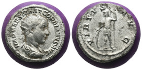 Gordian III. (238 AD) AR Denar. Rome. Obv: IMP M ANT GORDIANVS AFR AVG. laureate bust of Gordian right. Rev: VIRTVS AVG. Virtus standing left, holding...