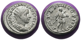 Gordian III. (238-244 AD) AR Antoninian. Antioch. Obv: IMP GORDIANVS PIVS FEL AVG. radiate and cuirassed bust of Gordian right. Rev: PM TRP III COS II...