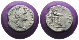 Domitian. (69-81 AD) AR Denar. Rome. Obv: CAESAR DIVI F DOMITIANVS COS VII. laureate bust of Domitian right. Rev: PRINCEPS IVVENTVTIS. helmet on altar...