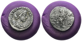 Lucilla. (161-163 AD) AR Denar. Rome. Obv: LVCILLAE AVG ANTONINI AVG. draped bust of Lucilla right. Rev: VESTA. Vesta veiled, standing left by altar, ...