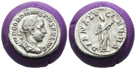 Gordian III. (241 AD). Denar. Rome. Obv: IMP GORDIANVS PIVS FEL AVG. laureate bust of Gordian III. right. Rev: DIANA LVCIFERA. Diana standing right ho...