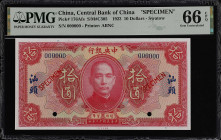 (t) CHINA--MISCELLANEOUS. Central Bank of China. 10 Dollars, 1923. P-176Afs. Specimen. PMG Gem Uncirculated 66 EPQ.
Serial number 000000. A very rare...