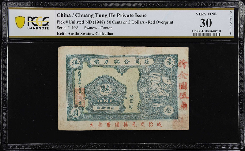(t) CHINA--MISCELLANEOUS. Chuang Tung He, Lufeng County. 50 Gold Cents on 3 Doll...