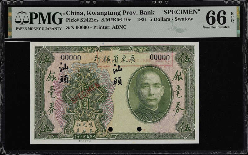 (t) CHINA--MISCELLANEOUS. Kwangtung Provincial Bank. 5 Dollars, Swatow, 1931. P-...