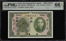 (t) CHINA--MISCELLANEOUS. Kwangtung Provincial Bank. 5 Dollars, Swatow, 1931. P-S2422es. Specimen. PMG Gem Uncirculated 66 EPQ.
Serial number 00000. ...