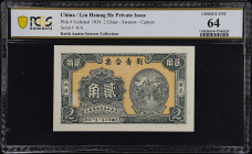 (t) CHINA--MISCELLANEOUS. Liu Hsiang He Private Issue, Chaoyang County. 2 Chiao, 1934. P-Unlisted. PCGS Banknote Choice Uncirculated 64.
Dark green o...