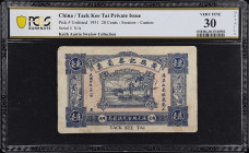 (t) CHINA--MISCELLANEOUS. Tack Kee Tai Private Issue, Chaoyang County. 20 Cents, 1931. P-Unlisted. PCGS Banknote Very Fine 30 Details. Repaired, Ink....