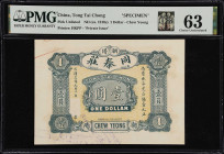(t) CHINA--MISCELLANEOUS. Tong Tai Chong, Chaoyang County. 1 Dollar, 1914. P-Unlisted. Specimen. PMG Choice Uncirculated 63. Previously Mounted.
Gree...