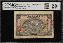 (t) CHINA--MISCELLANEOUS. Tsi Cheng Bank, Chaoyang County. 1 Dollar, 1934. P-Unlisted. PMG Very Fine 20. Annotations.
Serial number 00902. Dark green...