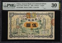 (t) CHINA--EMPIRE. General Bank of Communications. 5 Dollars, 1909. P-A15b. PMG Very Fine 30.
(S/M#C126). Canton. Printed by CMPA. Cancelled. Bold in...