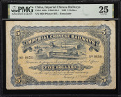 CHINA--EMPIRE. Imperial Chinese Railways. 5 Dollars, 1899. P-A60r. Remainder. PMG Very Fine 25.
Serial number 0650. Blue on yellow-orange, steam loco...