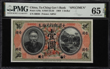 (t) CHINA--EMPIRE. Ta-Ching Government Bank. 1 Dollar, 1909. P-A76s. S/M#T10-30. Specimen. PMG Gem Uncirculated 65 EPQ. Printer's Stamp.
Serial numbe...