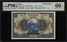(t) CHINA--REPUBLIC. China and South Sea Bank. 1 Yuan, 1921. P-A121s. S/M#C295-1. Specimen. PMG Gem Uncirculated 66 EPQ.
(S/M #C295-1) Printed by ABN...