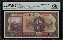 (t) CHINA--REPUBLIC. China and South Sea Bank Limited. 5 Yuan, 1921. P-A122s. S/M#C295-2. Specimen. PMG Gem Uncirculated 66 EPQ.
(S/M#C295-2). Printe...