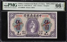 CHINA--REPUBLIC. Commercial Bank of China. 5 Dollars, Shanghai, 1920. P-3s. Specimen. PMG Gem Uncirculated 66 EPQ.
Serial number 000000. Purple, God ...