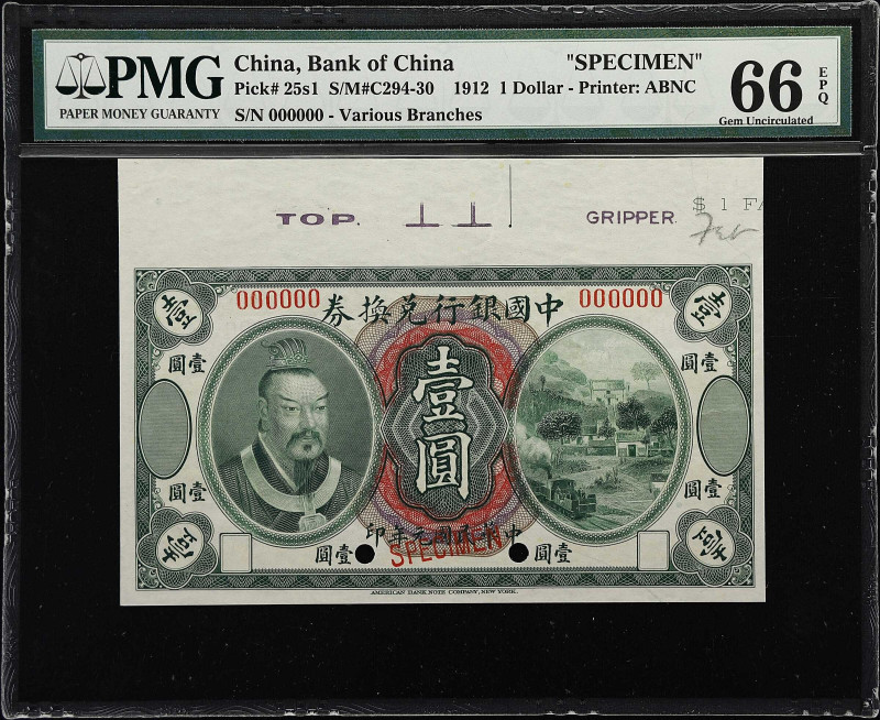 (t) CHINA--REPUBLIC. Bank of China. 1 Dollar, 1912. P-25s1. Specimen. PMG Gem Un...