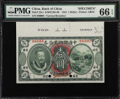 (t) CHINA--REPUBLIC. Bank of China. 1 Dollar, 1912. P-25s1. Specimen. PMG Gem Uncirculated 66 EPQ.
(S/M # C294-30) Specimen. Selvage at top margin. T...