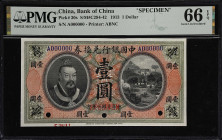 CHINA--REPUBLIC. Bank of China. 1 Dollar, 1913. P-30s. S/M#C294-42. Specimen. PMG Gem Uncirculated 66 EPQ.
Serial number A000000. Black on green and ...