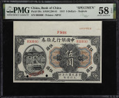 (t) CHINA--REPUBLIC. Bank of China. 5 Dollars, 1917. P-39s. Specimen. PMG Choice About Uncirculated 58 EPQ.
(S/M #C294-81) Tientsin. Specimen overpri...