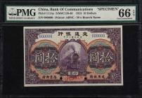 CHINA--REPUBLIC. Bank of Communications. 10 Dollars, 1913. P-111As. Specimen. PMG Gem Uncirculated 66 EPQ.
Serial number 000000. Purple on orange and...