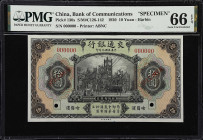 (t) CHINA--REPUBLIC. Bank of Communications. 10 Yüan, 1920. P-130s. S/M#C126-142. Specimen. PMG Gem Uncirculated 66 EPQ.
Serial number 000000. Black ...