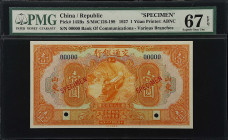 (t) CHINA--REPUBLIC. Bank of Communications. 1 Yuan, 1927. P-145Bs. S/M#C126-199. Specimen. PMG Superb Gem Uncirculated 67 EPQ.
(S/M #C126-199). Spec...