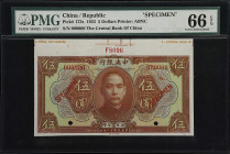 CHINA--REPUBLIC. Central Bank of China. 5 Dollars, 1923. P-173s. Specimen. PMG Gem Uncirculated 66 EPQ.
Serial number 000000. Brown on multicolour, S...