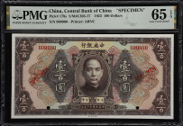 CHINA--REPUBLIC. Central Bank of China. 100 Dollars, 1923. P-179s. S/M#C305-17. Specimen. PMG Gem Uncirculated 65 EPQ.
Serial number 000000. Purple o...