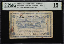 CHINA--EMPIRE. Imperial Chinese Railways. 1 Dollar, 1895-96. P-A56a. S/M#P34-1. PMG Choice Fine 15.
Serial number 01260. A rare signed and issued not...
