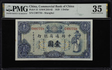 CHINA--REPUBLIC. Commercial Bank of China. 1 Dollar, Shanghai, 1929. P-13. S/M#C293-62. PMG Choice Very Fine 35.
Serial number C097758. Blue on light...